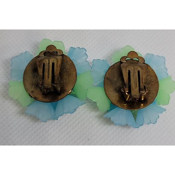 Vintage Mid Century Cluster Glass Clip On Flower Earrings Signed West Germany - Picture 6 of 8